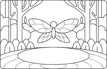 A stylized butterfly rests peacefully above a pond in a minimalist forest scene