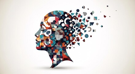 Geometric Mind Abstract Head with Fragmented Shapes & Visual Elements