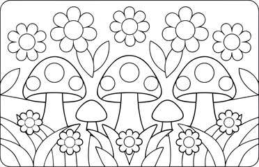Three mushrooms and daisies grow together in a whimsical line art illustration