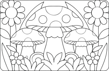 Three mushrooms and flowers grow together in a whimsical garden scene