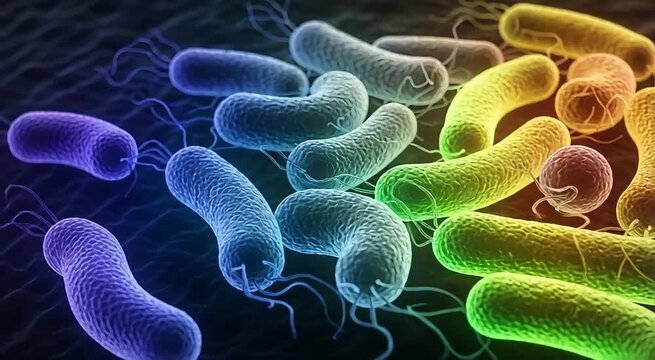 Colorful microscopic bacteria cells moving with vibrant detail, perfect for science and medical visualizations with educational appeal