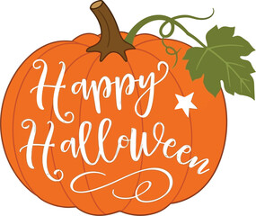 Happy halloween pumpkin illustration with decorative text and a green leaf design