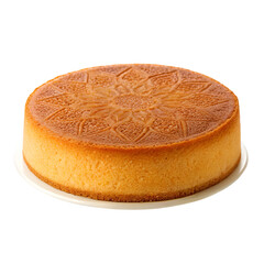 Round Golden Cake with Intricate Embossed Floral Pattern on White Plate baked dessert