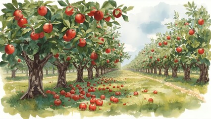 A serene watercolor illustration of an apple orchard landscape with a winding dirt path. The trees are filled with ripe red apples, capturing the essence of a peaceful day during the autumn harvest