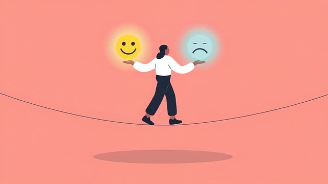 Balancing Act: A minimalist digital illustration depicting a person confidently navigating the tightrope between happiness and sadness, symbolizing emotional equilibrium.