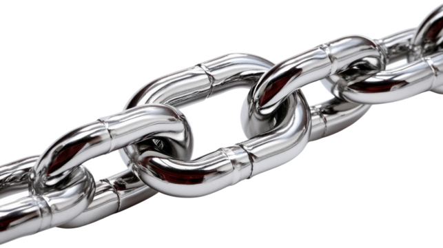 Shiny Chain Links: A close-up of a gleaming, metallic chain against a crisp background, the interlocking links symbolizing strength, connection, and the enduring nature of bonds.