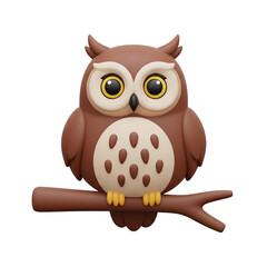 Cute cartoon owl on branch icon for wisdom