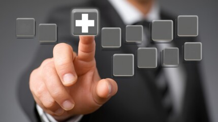 Businessman Pressing Plus Icon on Digital Interface for Growth Concept