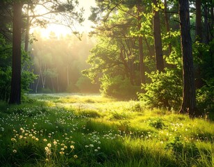 Serene Forest Landscape with Morning Light and Lush Greenery