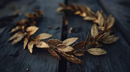 Golden Laurel Wreath on Rustic Wooden Background with Soft Natural Lighting for Decoration and Symbolism