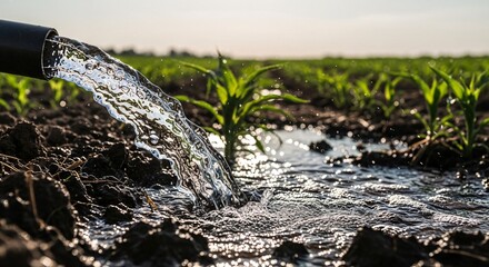 Irrigating a Field of Young Corn Seedlings with Fresh Water From a Pipe into the Soil