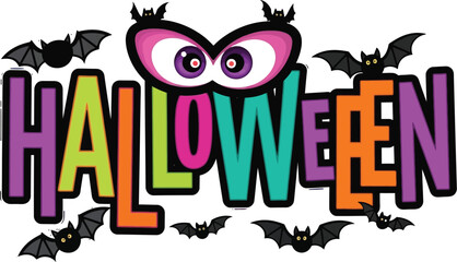 Colorful halloween text with bats and spooky eyes for holiday celebration design