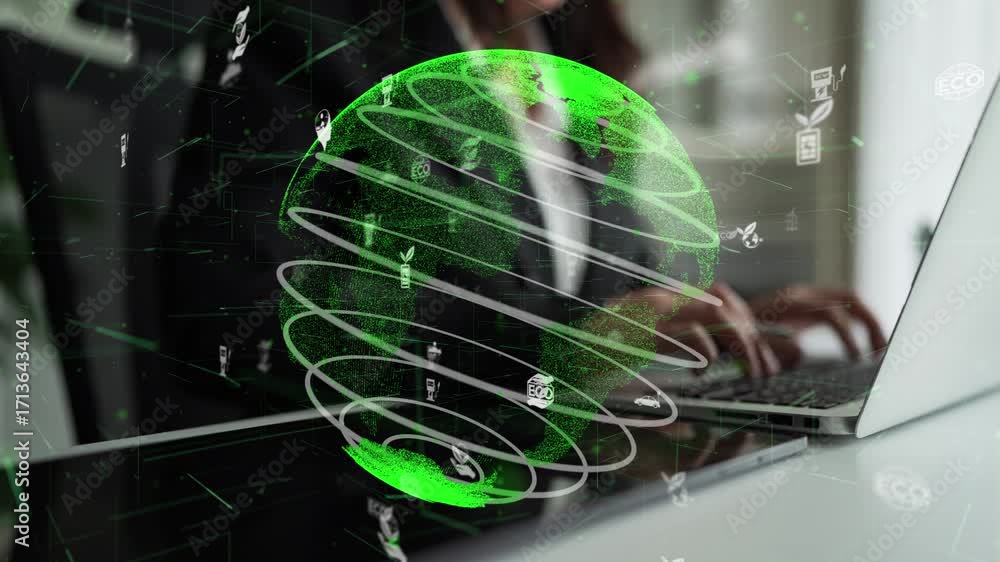 Poster conceptual image showcasing a globe overlay with eco-friendly symbols and technology elements, empha