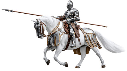 Knight on a White Horse: A shining knight, fully armored, sits astride a majestic white horse, spear at the ready, a powerful symbol of courage and chivalry.
