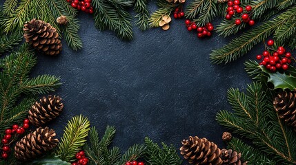 Festive Christmas Background with Pine Branches, Pinecones and Red Berries on Dark Textured Background