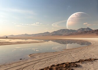 minimal alien reflective desert plain gas giant