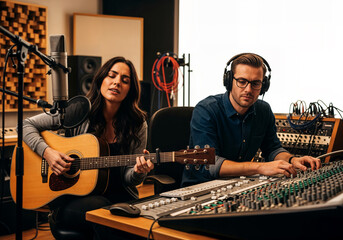 A female singer with a guitar and a male producer with headphones work together in a music recording studio, mixing a song on a soundboard