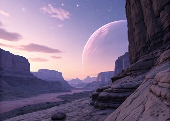 minimal alien rocky canyon twilight planet