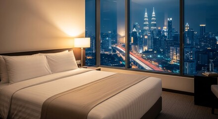 Naklejka premium Cozy Hotel Room with City View at Night in Kuala Lumpur for Urban Travel Escape