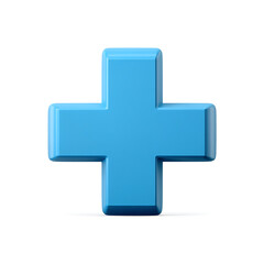 A bright blue three dimensional plus sign symbol representing healthcare medical aid or a positive addition isolated on white background