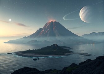 minimal alien volcanic island glowing faintly