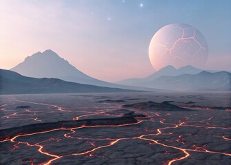 minimal alien volcanic plain glowing fissures