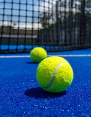 Two vibrant yellow tennis balls rest on a bright blue court, with a blurred tennis net in the background.