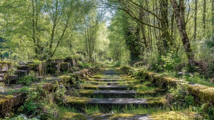 Lost Railway Pathway Surrounded by Lush Greenery and Trees in Daylight