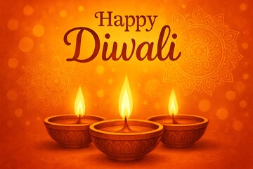 Warm and inviting happy diwali greeting card with three lit clay diyas