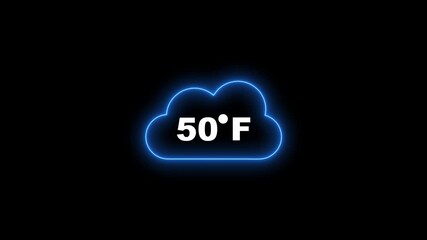 Glowing blue neon cloud icon displaying 50 degrees Fahrenheit temperature on a black background weather