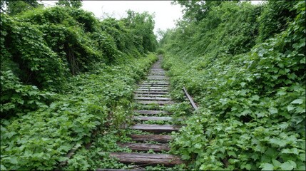 Obraz premium Abandoned Train Tracks Overgrown with Lush Green Plants and Vines in a Serene Natural Landscape