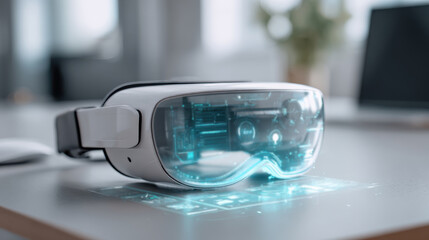 VR headset on modern office desk with futuristic holographic interface, concept of future work and metaverse