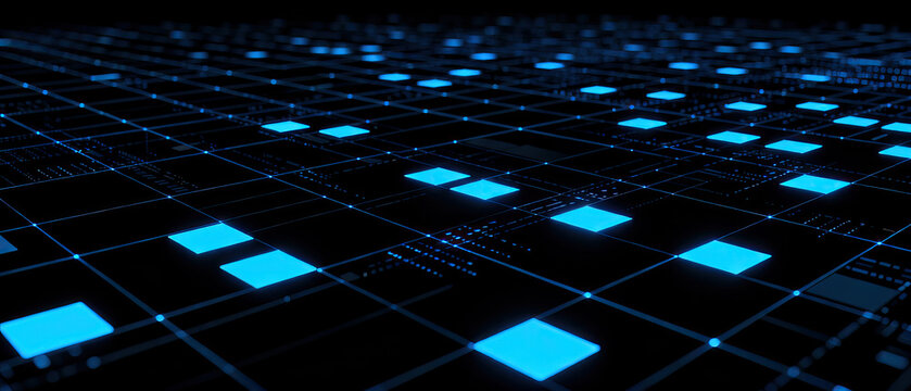 An abstract digital grid featuring blue glowing squares, representing a modern tech and cyber space concept.