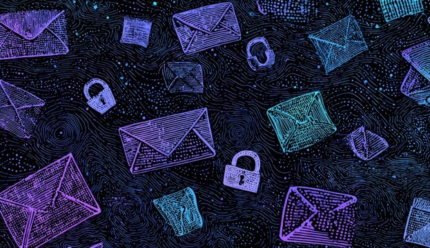 Email security concept, stylized envelopes & locks