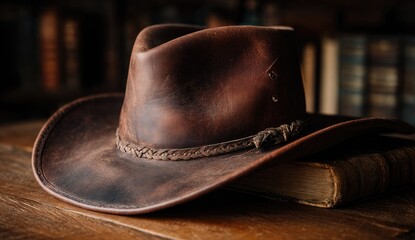 Aged brown leather cowboy hat rests on antique book