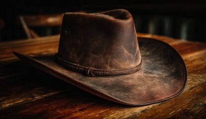 Worn leather cowboy hat on rustic wooden table
