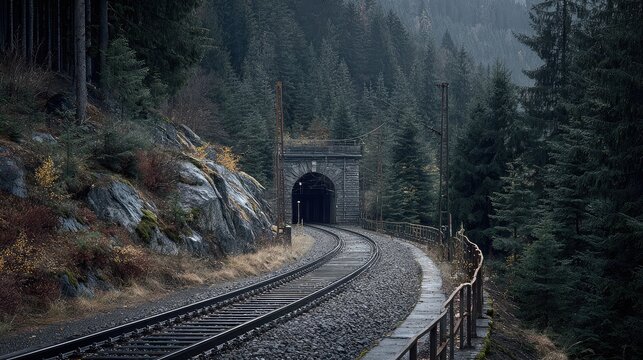Scenic Railroad Track Leading into a Dark Mountain Tunnel Surrounded by Forest and Rocky Terrain