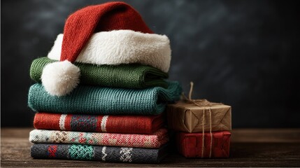 Cozy Christmas Sweaters Stacked with Holiday Gift Boxes and a Red Santa Hat on a Rustic Wooden Surface