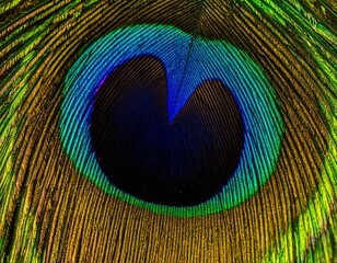 Obraz premium Intricate close-up of a vibrant peacock feather's eye pattern, showcasing iridescent blue and green hues.
