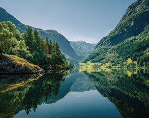 Serene fjord reflecting mountains and forest