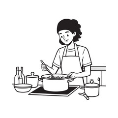Black and White Vector Illustration of a Smiling Woman Cooking in Kitchen with Apron and Headband