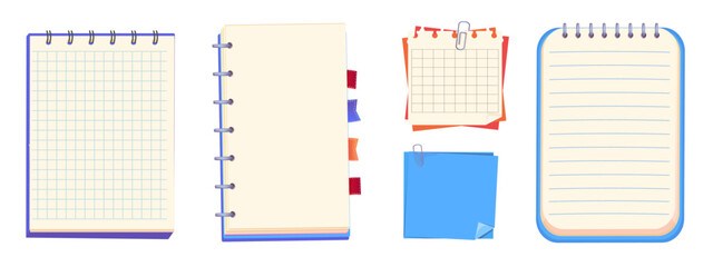 Notes sheet, pages. bulletin paper, lined list set, notebook office or school blank notebook for homework and exercises. Sticky stickers reminders, notebook clippings, stationery, planner, 
