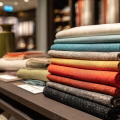 Colorful fabric swatches stacked neatly on a table in a store