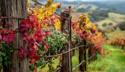 Autumn vineyard, colorful leaves clinging to weathered wooden posts and wire fence