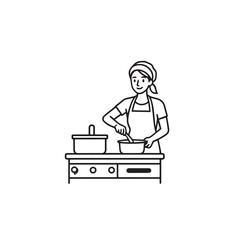 Black and White Vector Illustration of a Smiling Woman Cooking in Kitchen with Apron and Headband