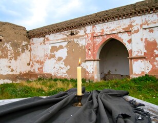 Candle on table, old building