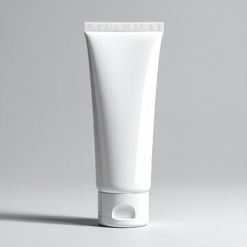 White tube of cosmetic cream or lotion, isolated on gray background, studio shot, product display.