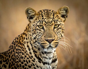 Fototapeta premium A close-up portrait of a leopard, showcasing its intricate spotted coat and intense gaze against a soft, muted background.