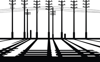 High contrast utility poles perspective, power lines symmetry, blue wire accents, minimalist silhouette landscape, industrial electricity infrastructure, graphic art composition