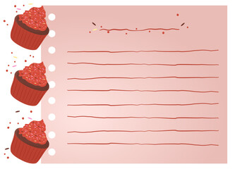 Stationery page template decorated with red cupcakes, lined sheet for note or recipe illustration.